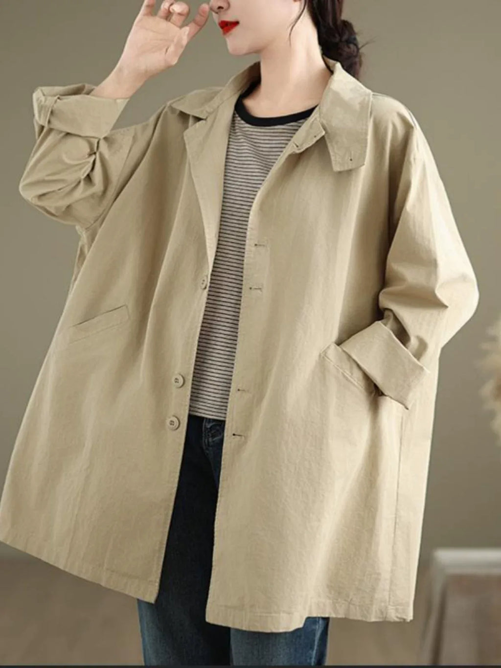 Relaxed Fit Trench Style Jacket with Slanted Pockets