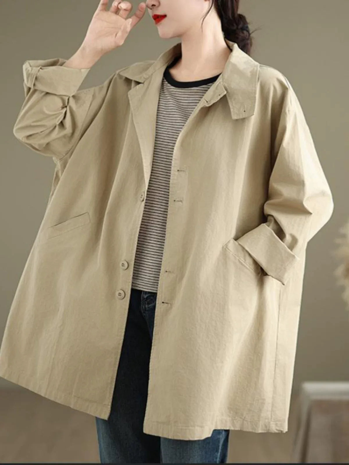 Relaxed Fit Trench Style Jacket with Slanted Pockets