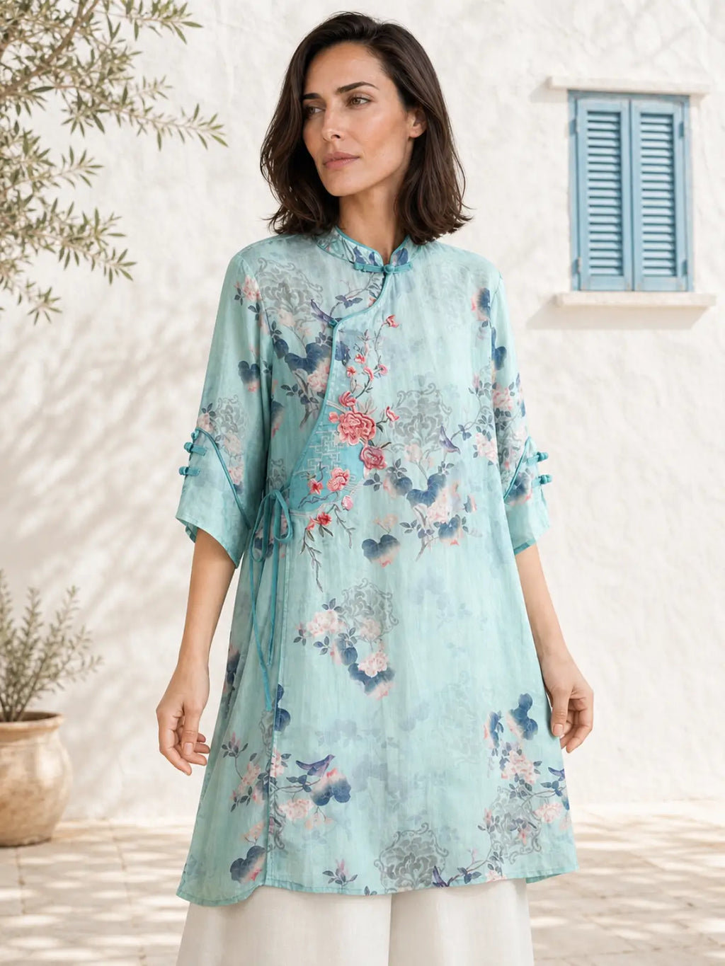 Relaxed Floral Tunic with Embroidered Panel & Tie Detail - detail view