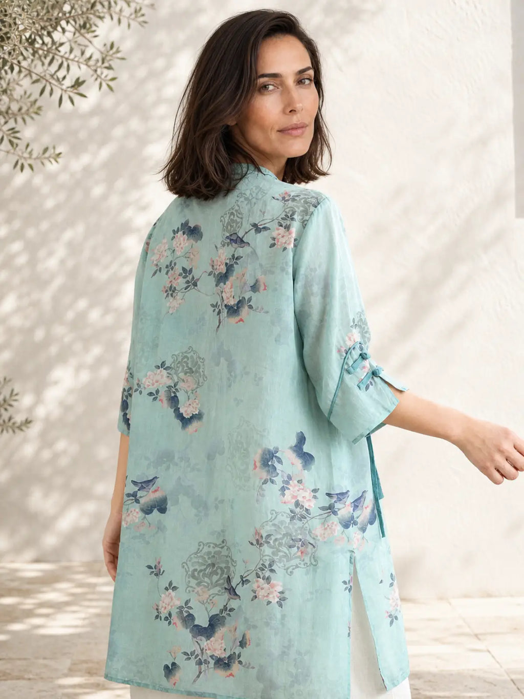 Relaxed Floral Tunic with Embroidered Panel & Tie Detail - flat lay view