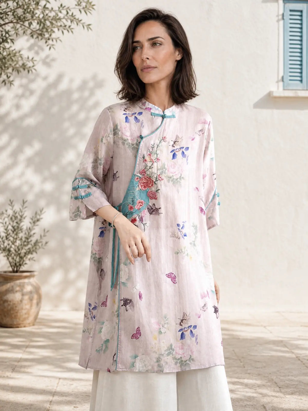 Relaxed Floral Tunic with Embroidered Panel & Tie Detail - full body view