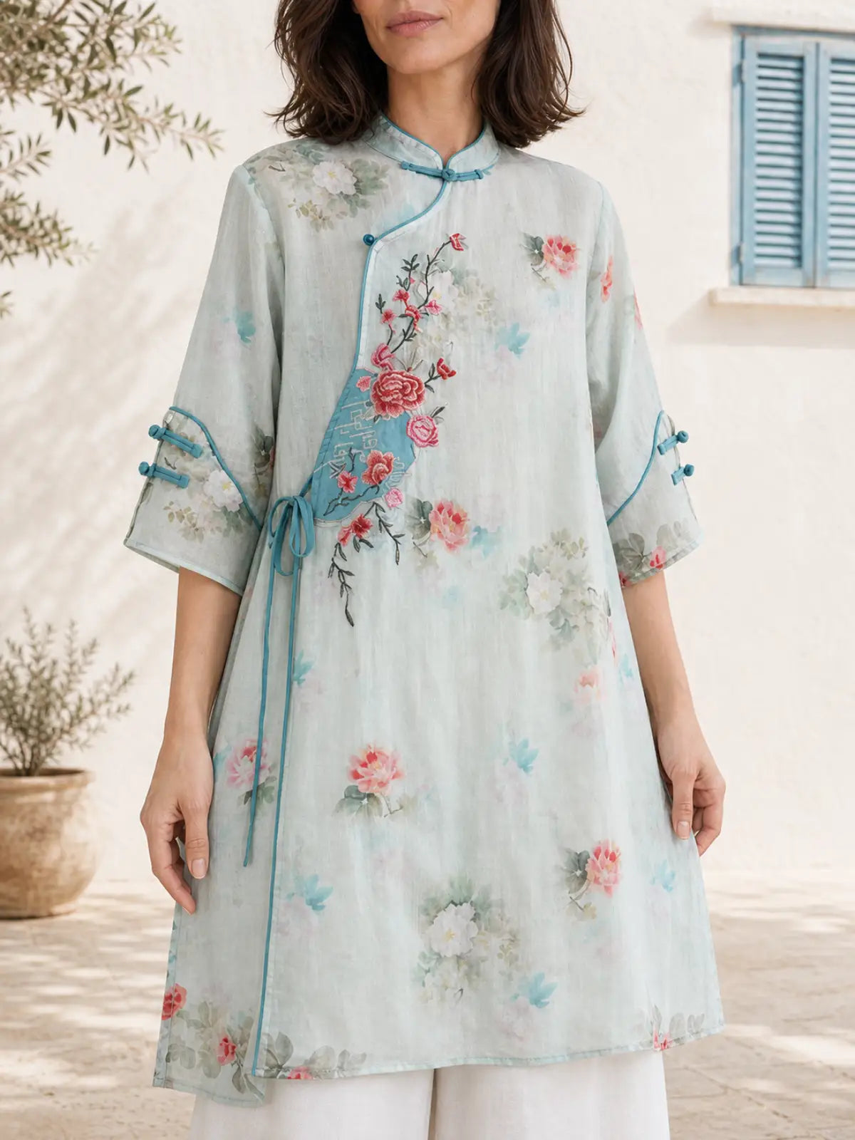 Relaxed Floral Tunic with Embroidered Panel & Tie Detail - main model view