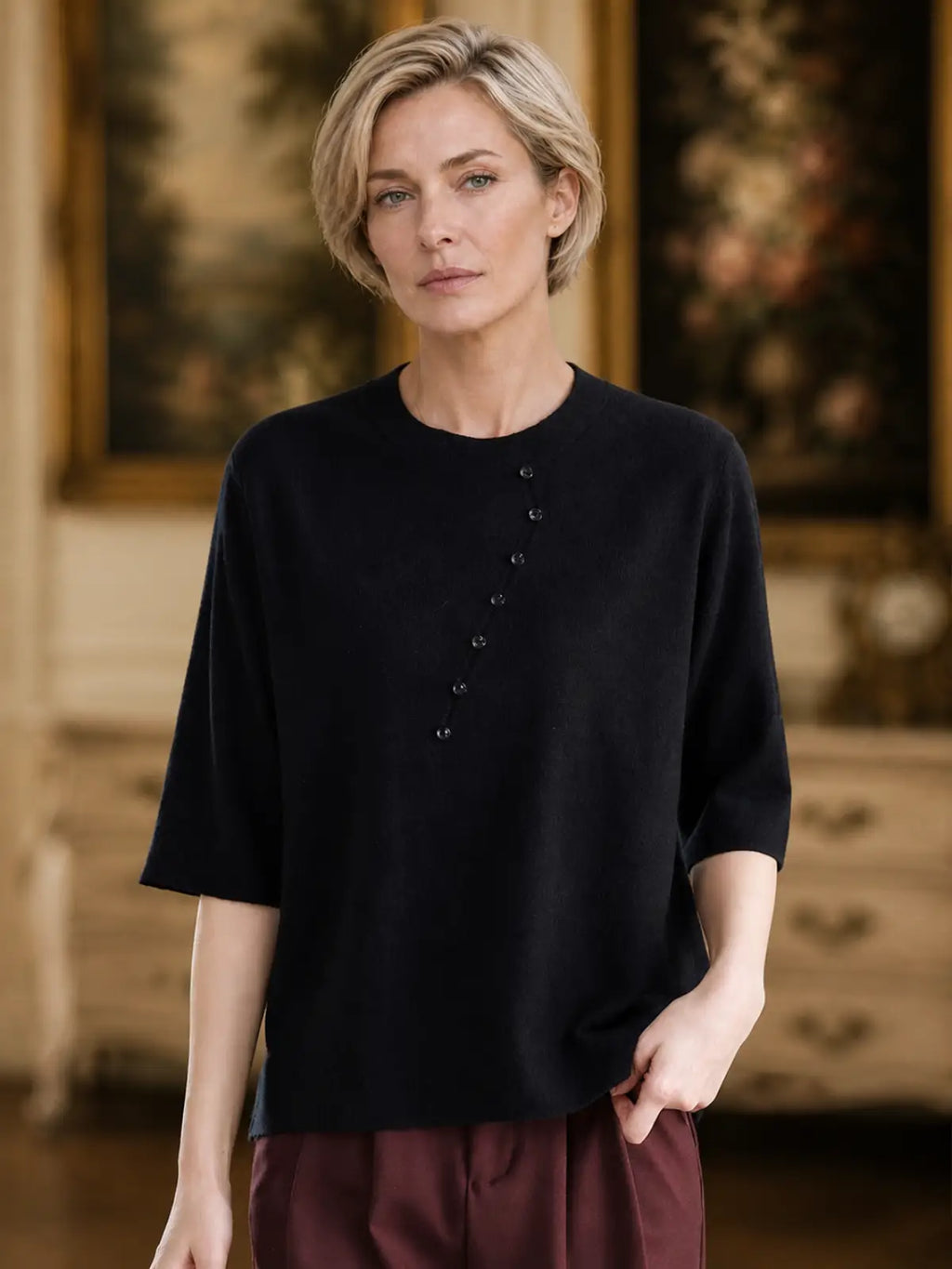 Relaxed Knit Top with Front Button Trim - flat lay view