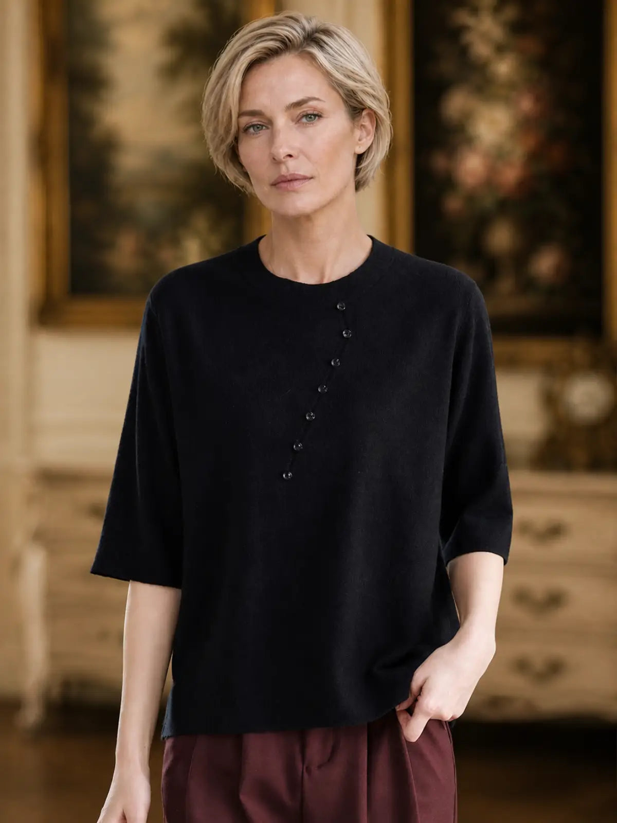 Relaxed Knit Top with Front Button Trim - flat lay view
