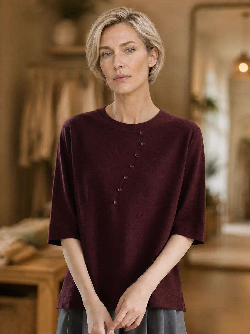 Relaxed Knit Top with Front Button Trim - full body view