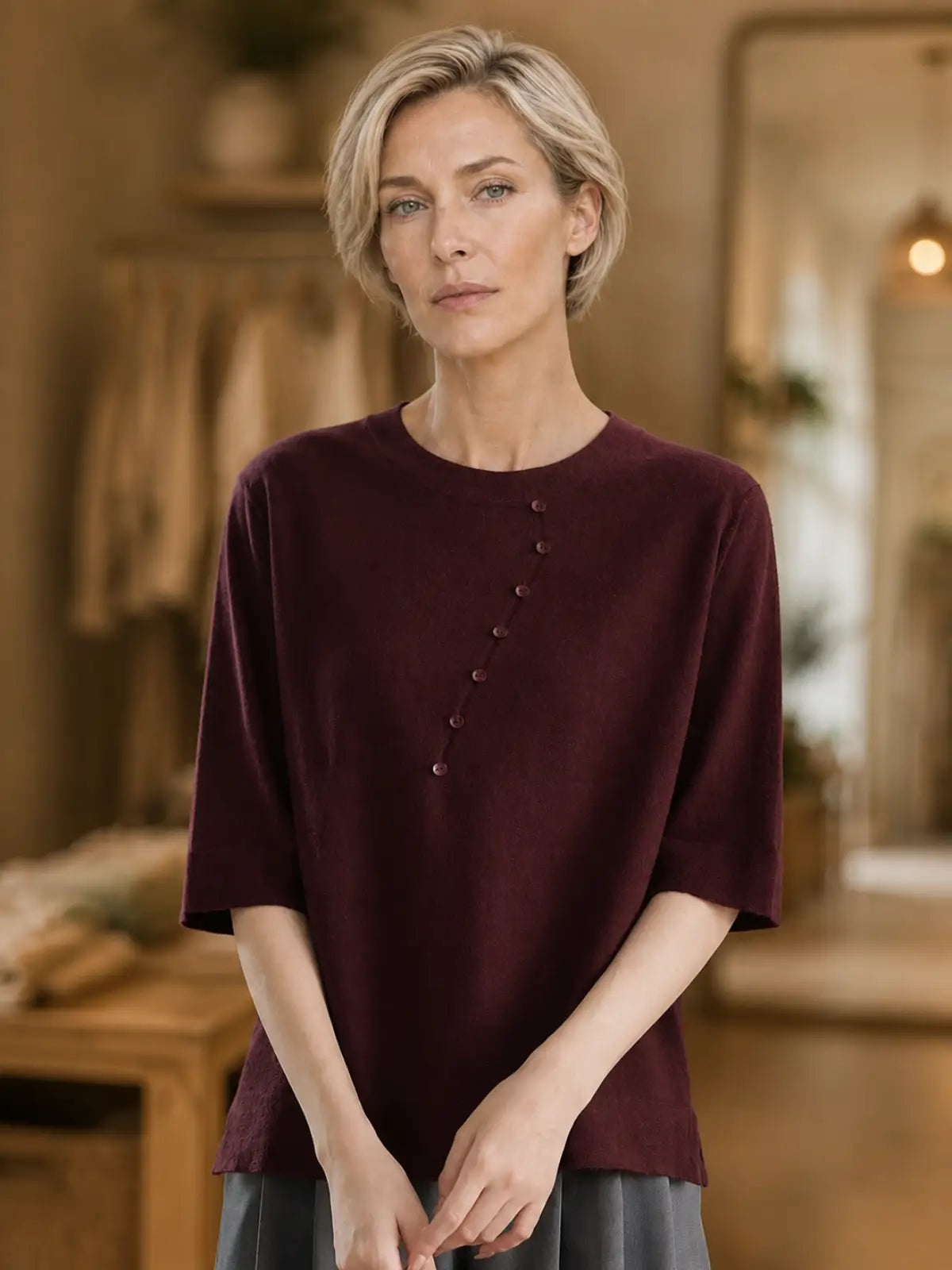 Relaxed Knit Top with Front Button Trim - full body view