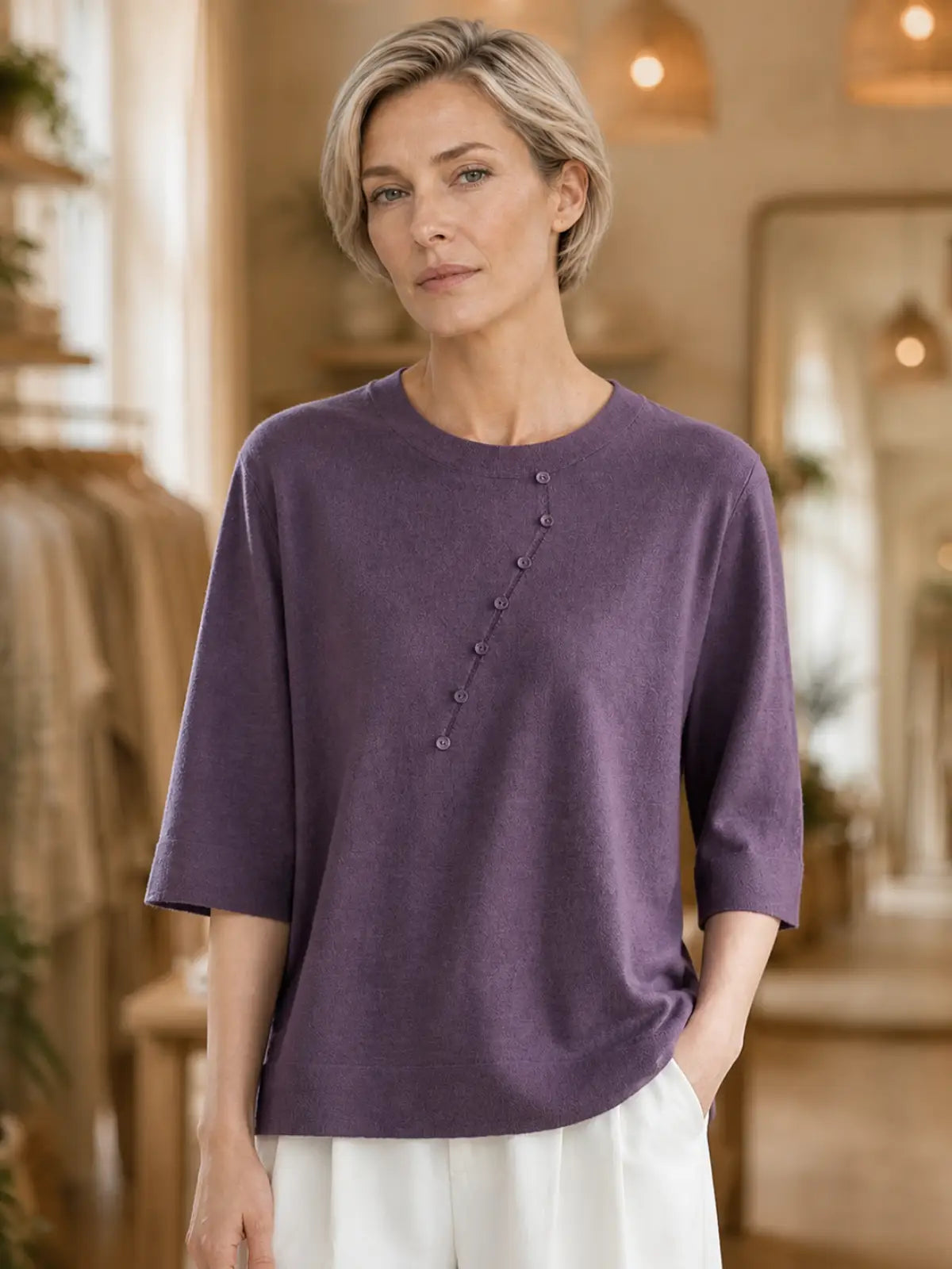 Relaxed Knit Top with Front Button Trim - image 6 view
