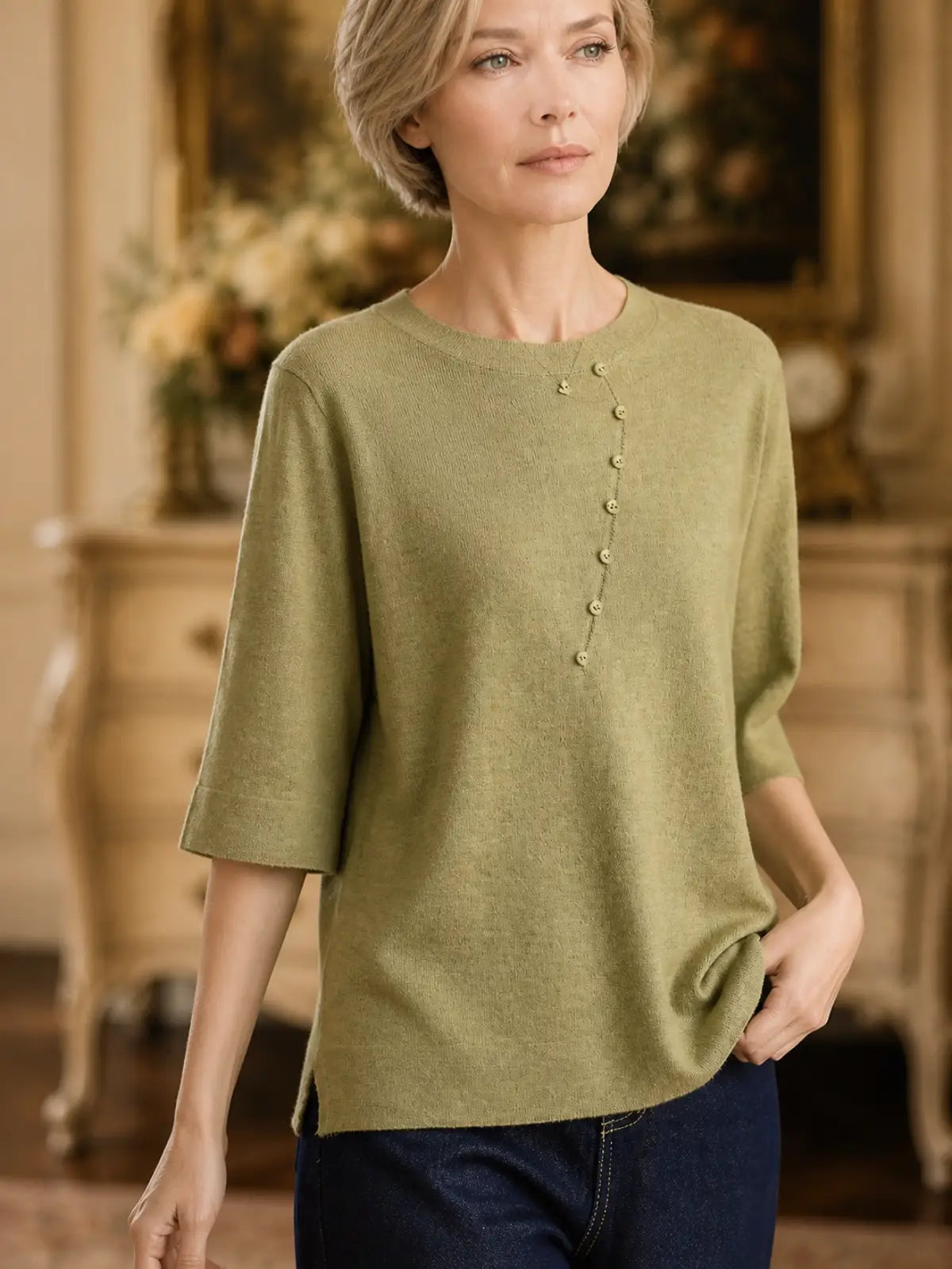 Relaxed Knit Top with Front Button Trim - lifestyle view