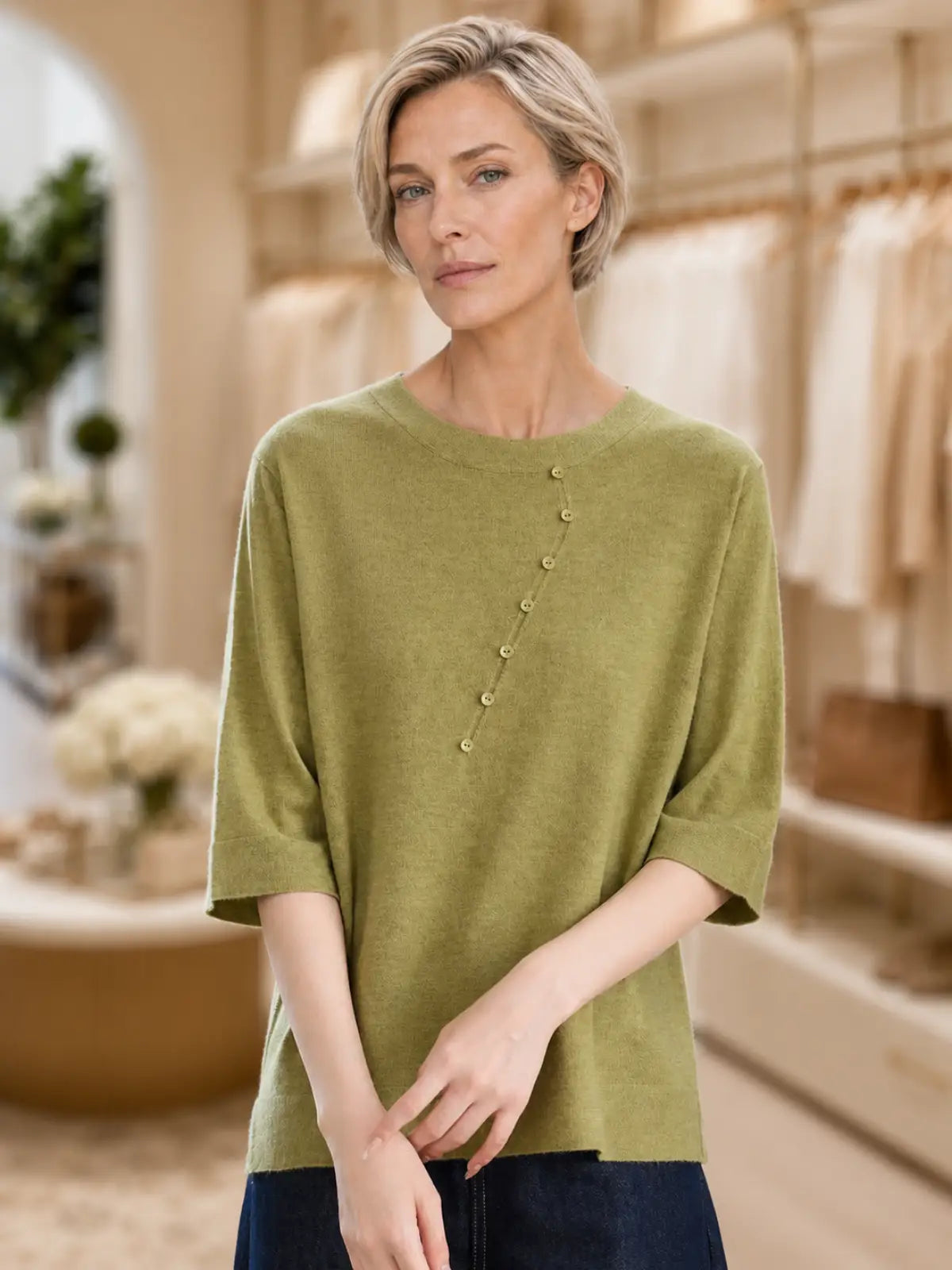 Relaxed Knit Top with Front Button Trim - main model view
