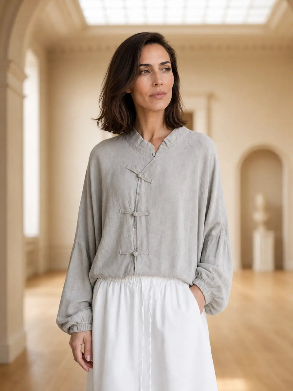 Relaxed Linen-Look Top with Knot Buttons - detail view