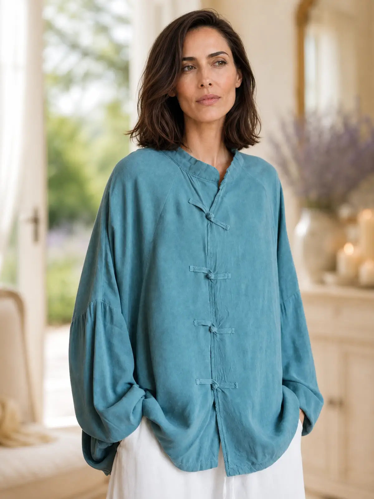 Relaxed Linen-Look Top with Knot Buttons - flat lay view