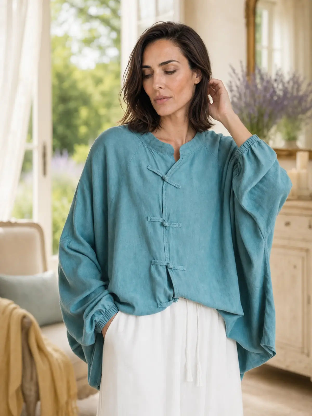 Relaxed Linen-Look Top with Knot Buttons - full body view