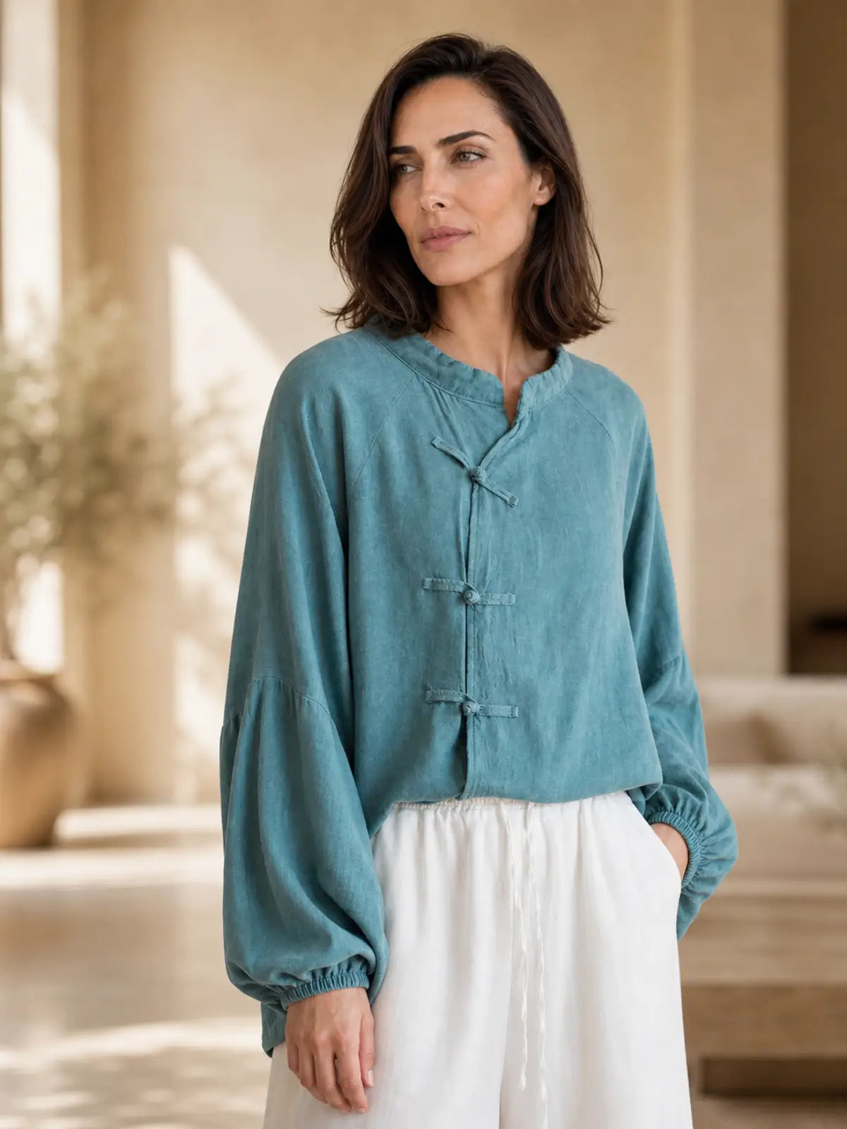 Relaxed Linen-Look Top with Knot Buttons - lifestyle view
