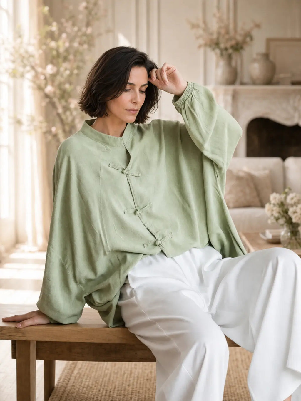 Relaxed Linen-Look Top with Knot Buttons - main model view