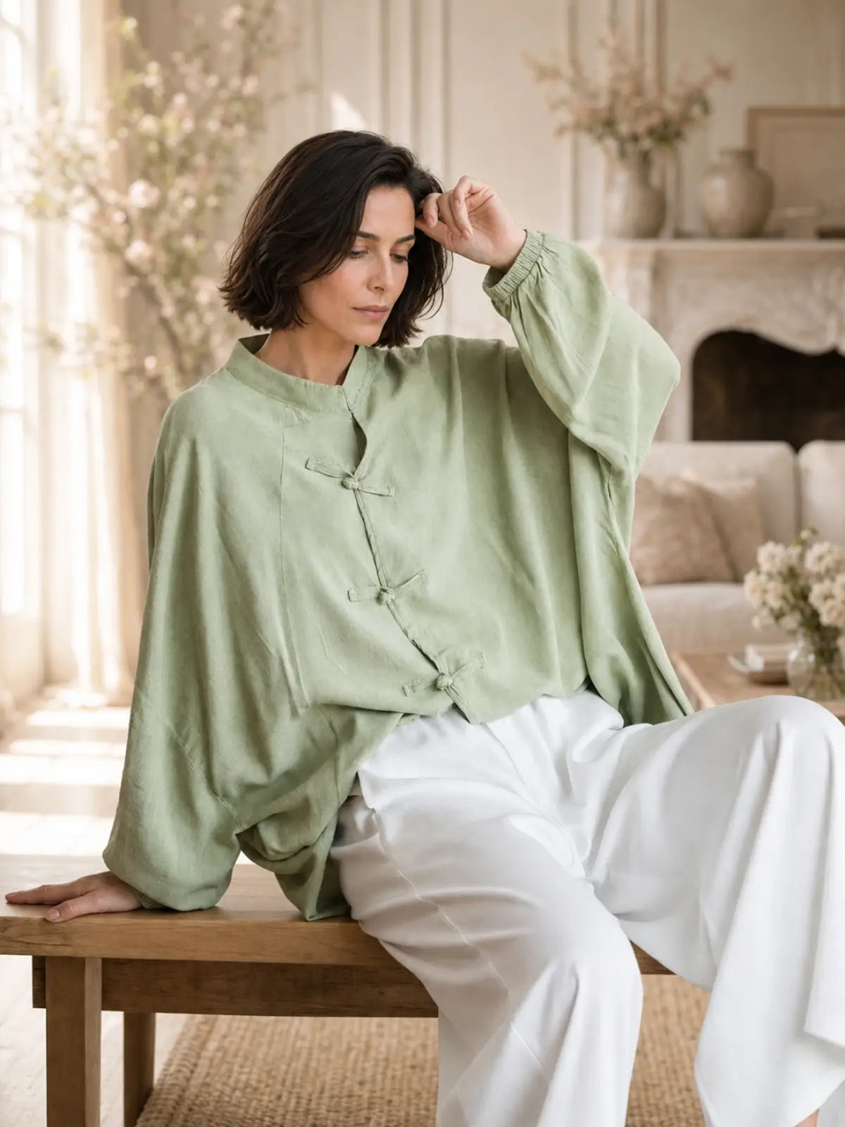 Relaxed Linen-Look Top with Knot Buttons - main model view