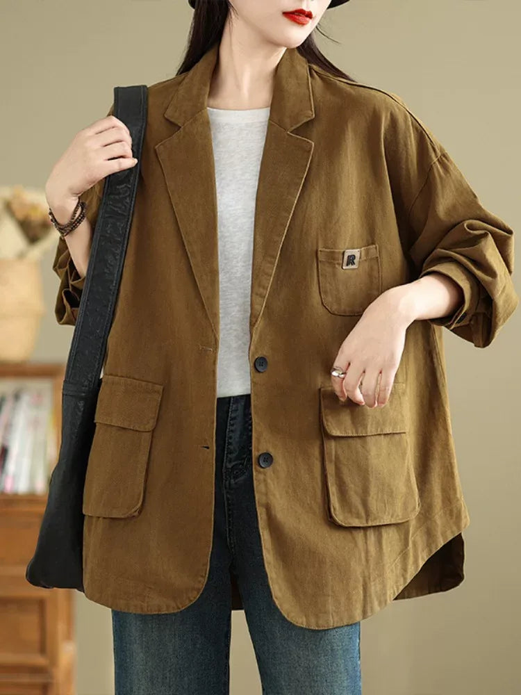Relaxed Notched Lapel Blazer with Flap Pockets