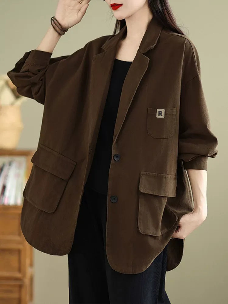Relaxed Notched Lapel Blazer with Flap Pockets