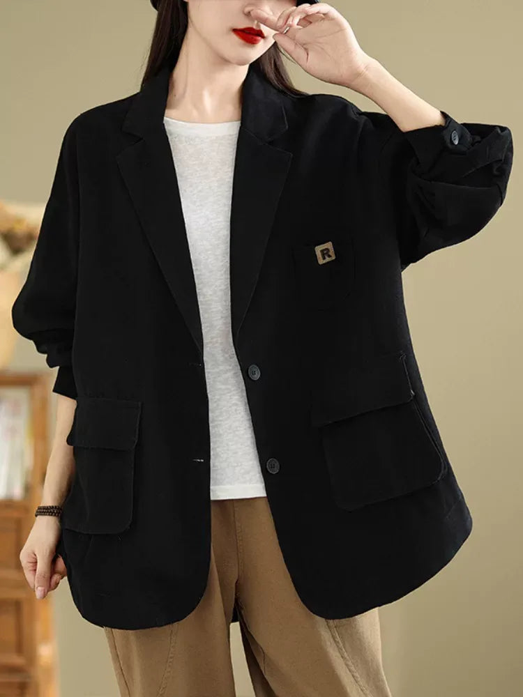 Relaxed Notched Lapel Blazer with Flap Pockets