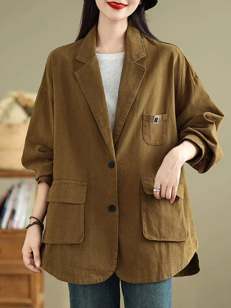 Relaxed Notched Lapel Blazer with Flap Pockets