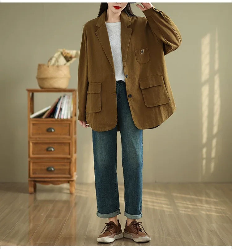 Relaxed Notched Lapel Blazer with Flap Pockets