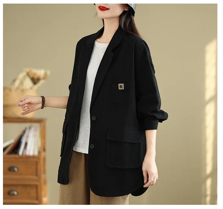 Relaxed Notched Lapel Blazer with Flap Pockets