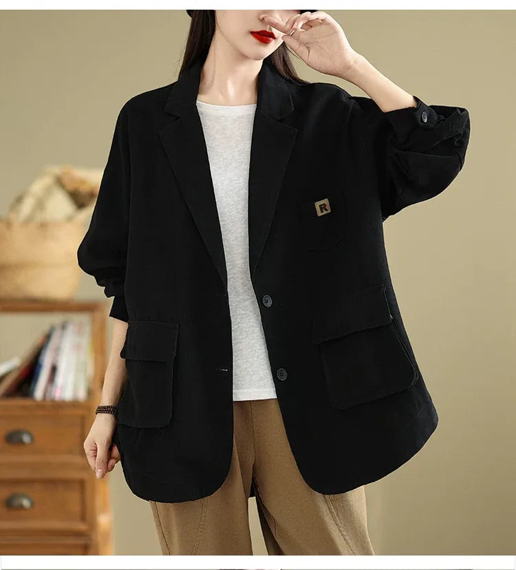 Relaxed Notched Lapel Blazer with Flap Pockets