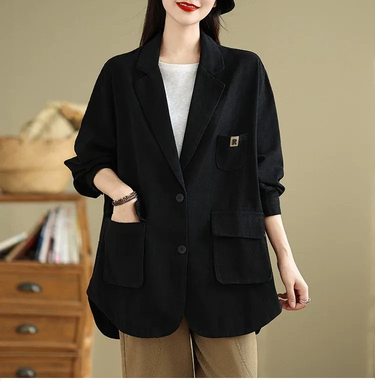 Relaxed Notched Lapel Blazer with Flap Pockets