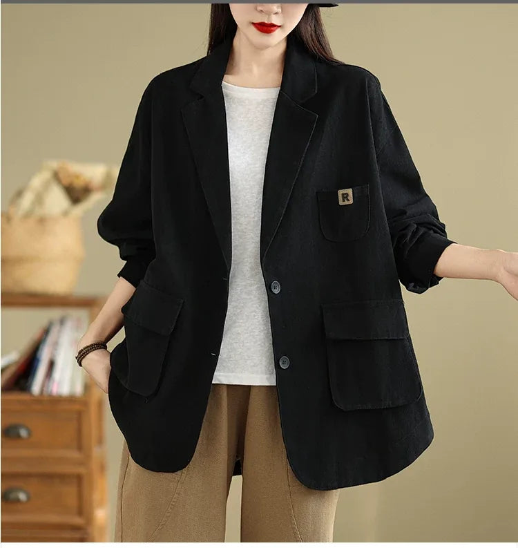 Relaxed Notched Lapel Blazer with Flap Pockets