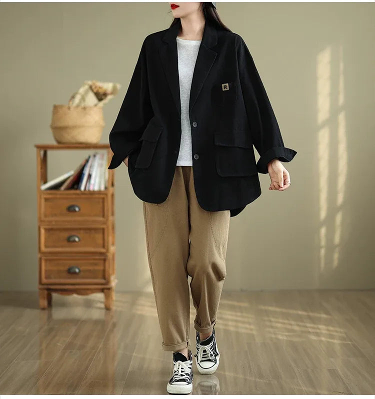 Relaxed Notched Lapel Blazer with Flap Pockets