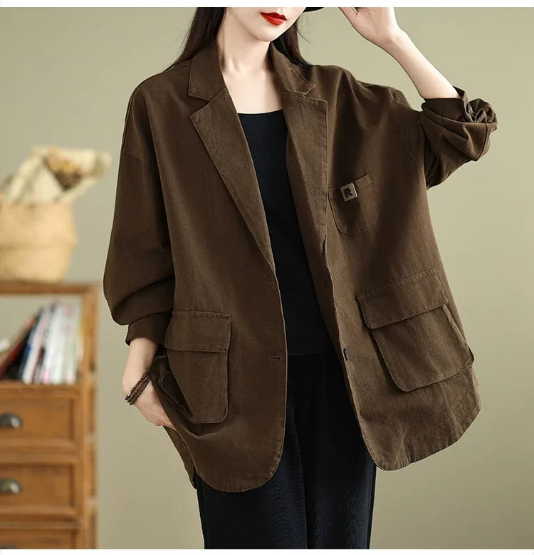 Relaxed Notched Lapel Blazer with Flap Pockets