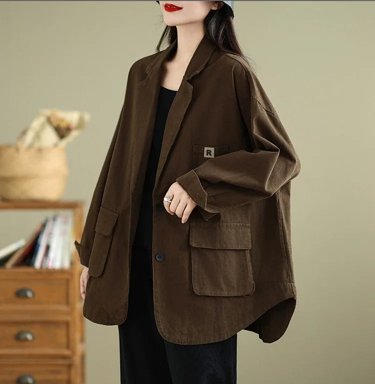 Relaxed Notched Lapel Blazer with Flap Pockets