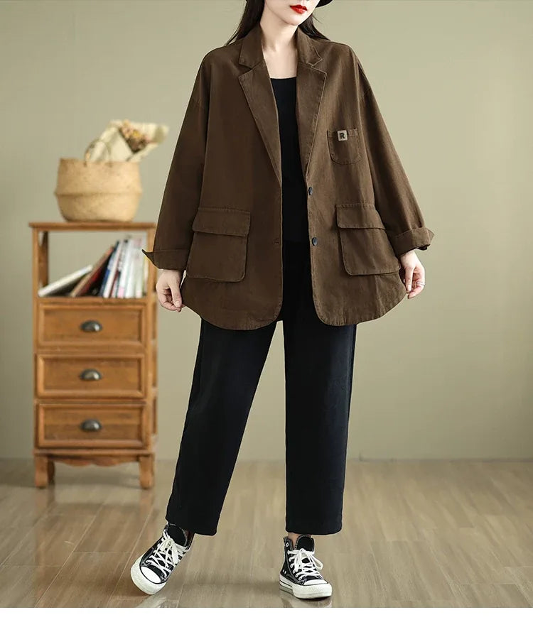 Relaxed Notched Lapel Blazer with Flap Pockets