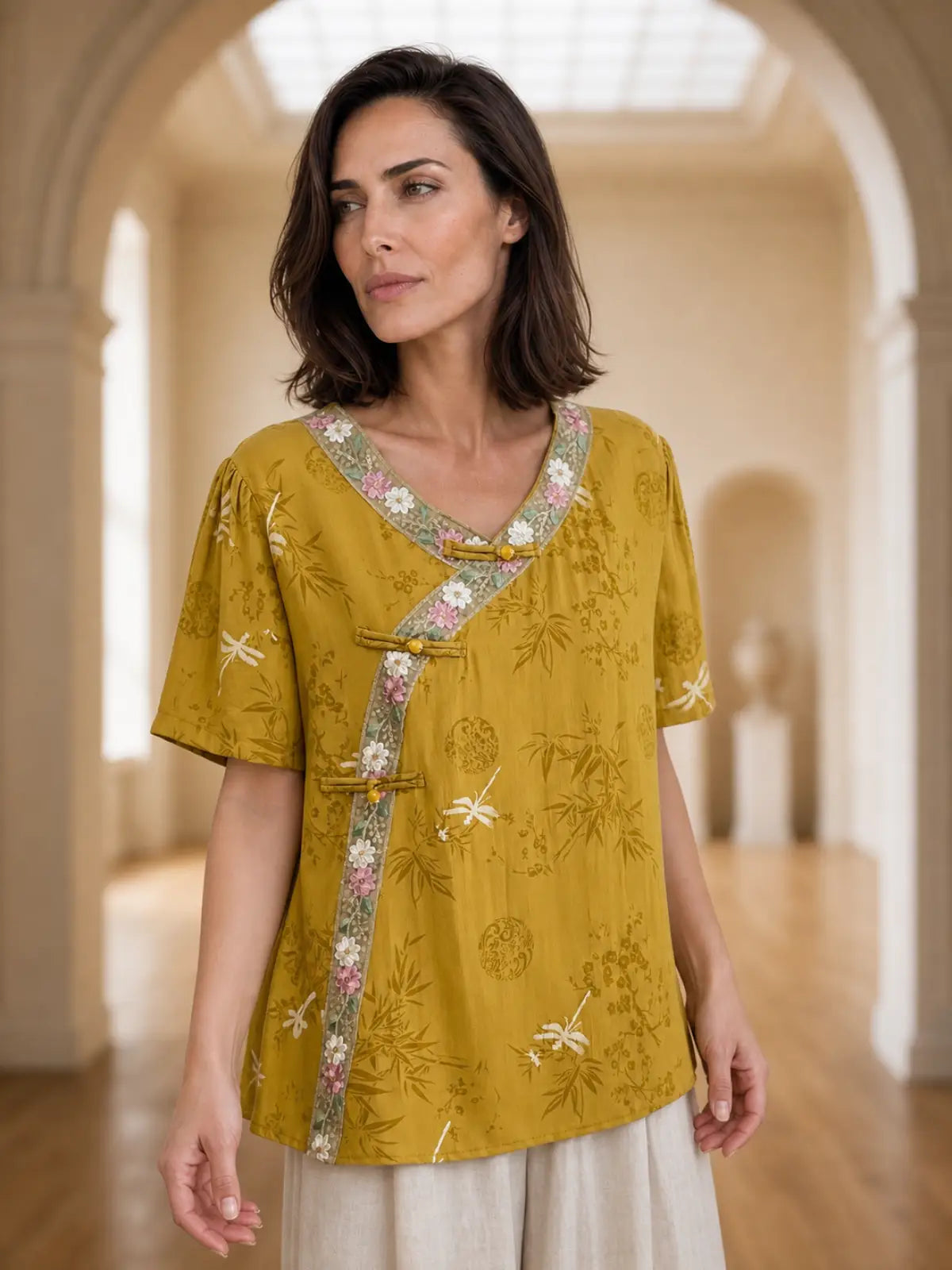 Relaxed V-Neck Tunic with Embroidered Trim & Botanical Print - detail view