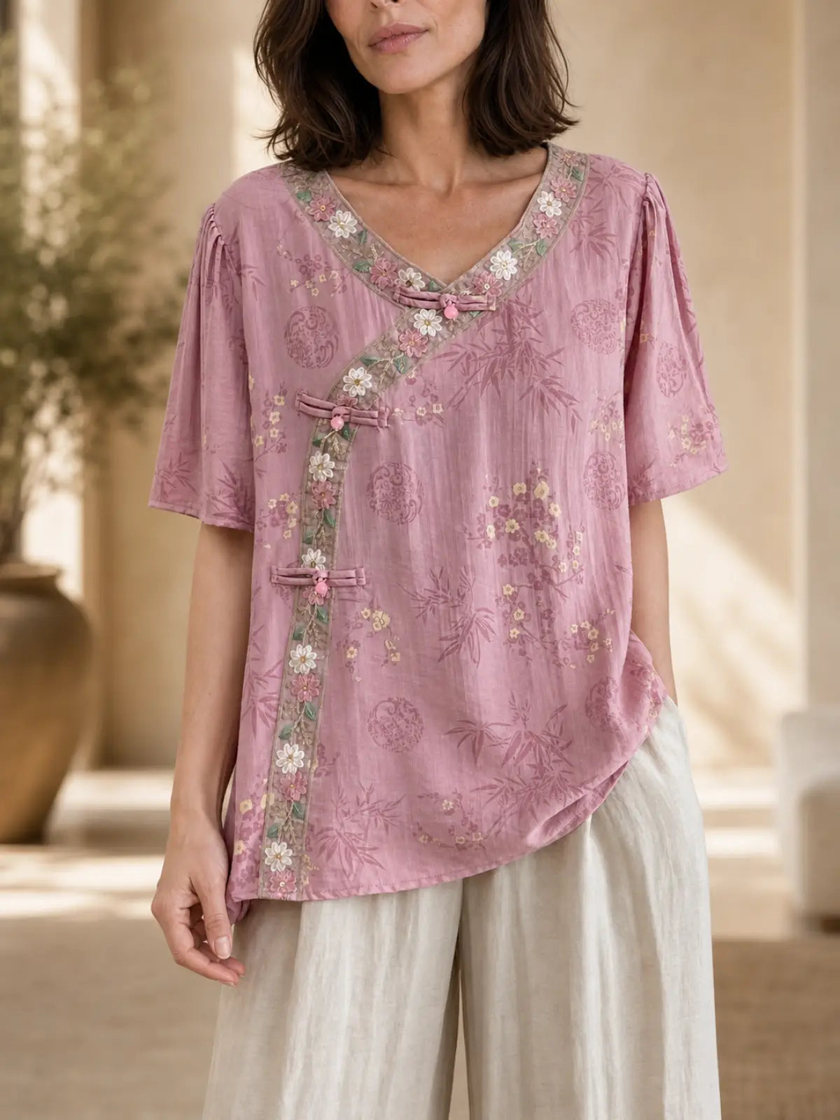 Relaxed V-Neck Tunic with Embroidered Trim & Botanical Print - lifestyle view
