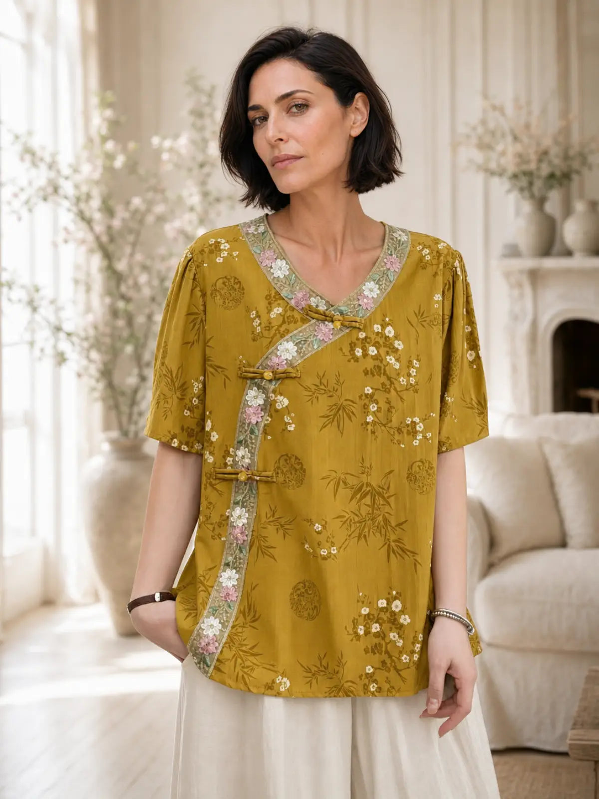 Relaxed V-Neck Tunic with Embroidered Trim & Botanical Print - main model view
