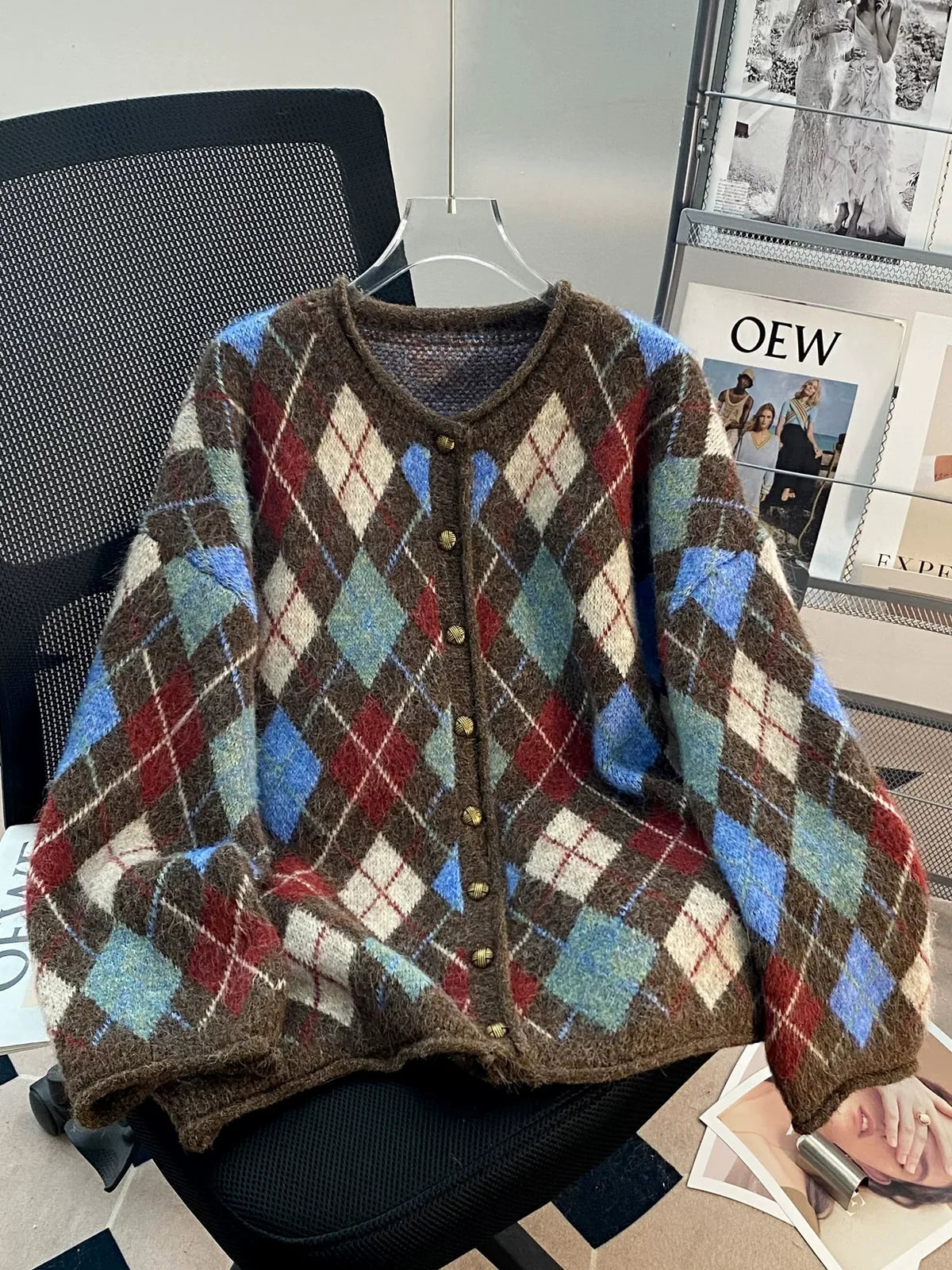 Retro Argyle Textured Knit Button Front Cardigan