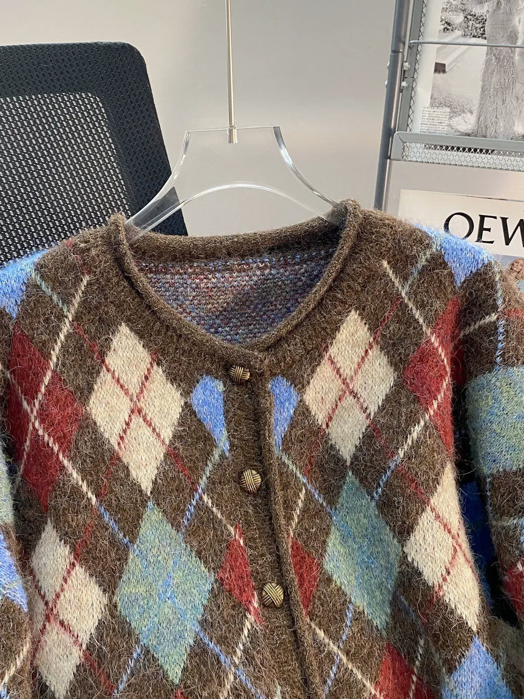 Retro Argyle Textured Knit Button Front Cardigan