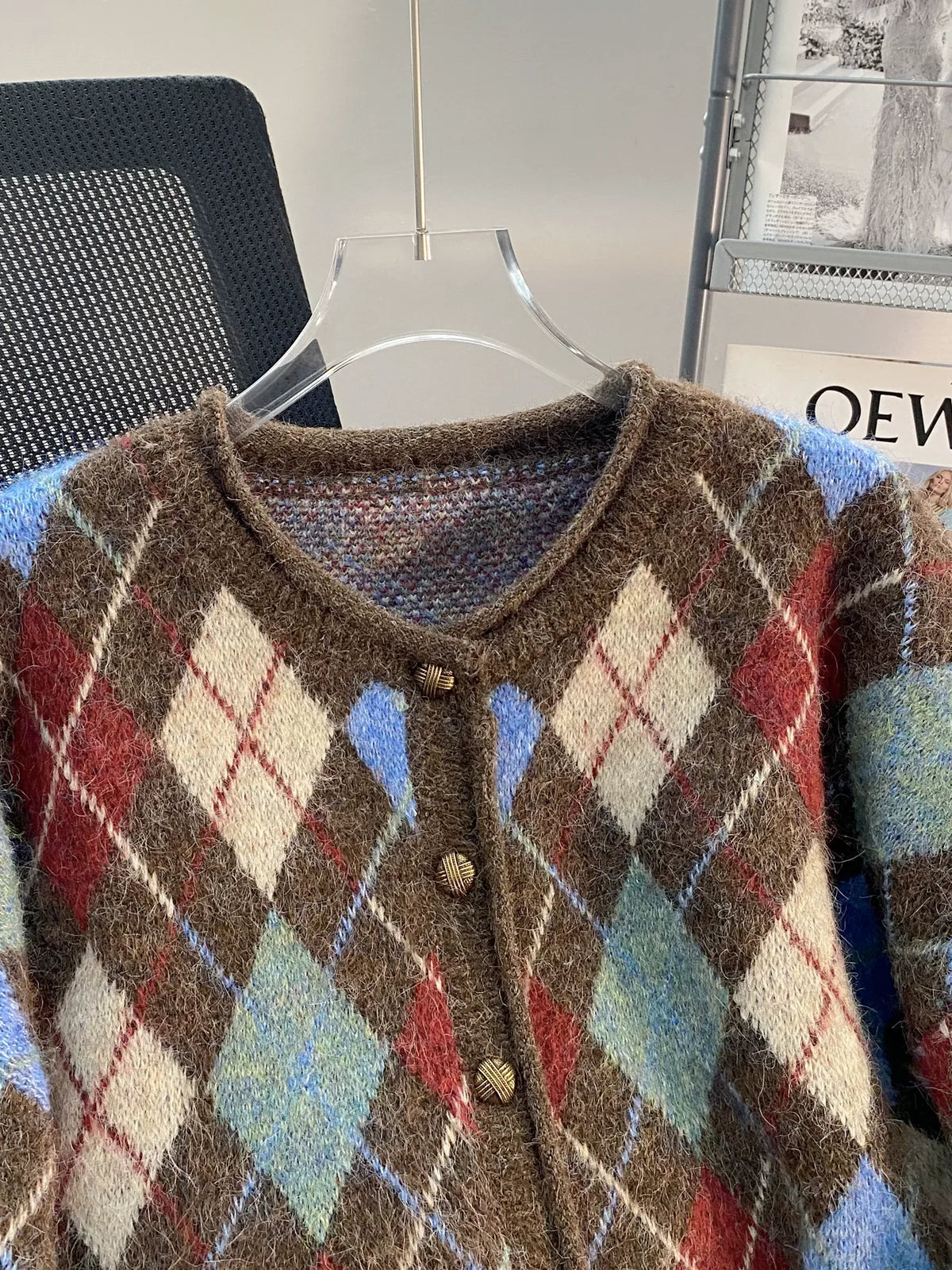 Retro Argyle Textured Knit Button Front Cardigan