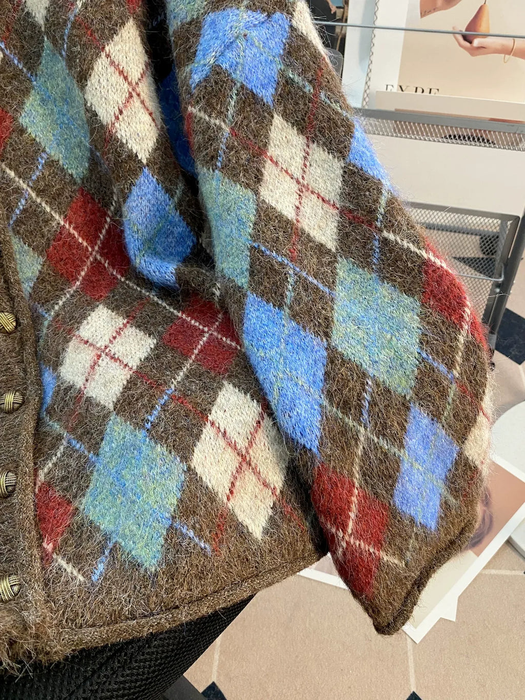 Retro Argyle Textured Knit Button Front Cardigan