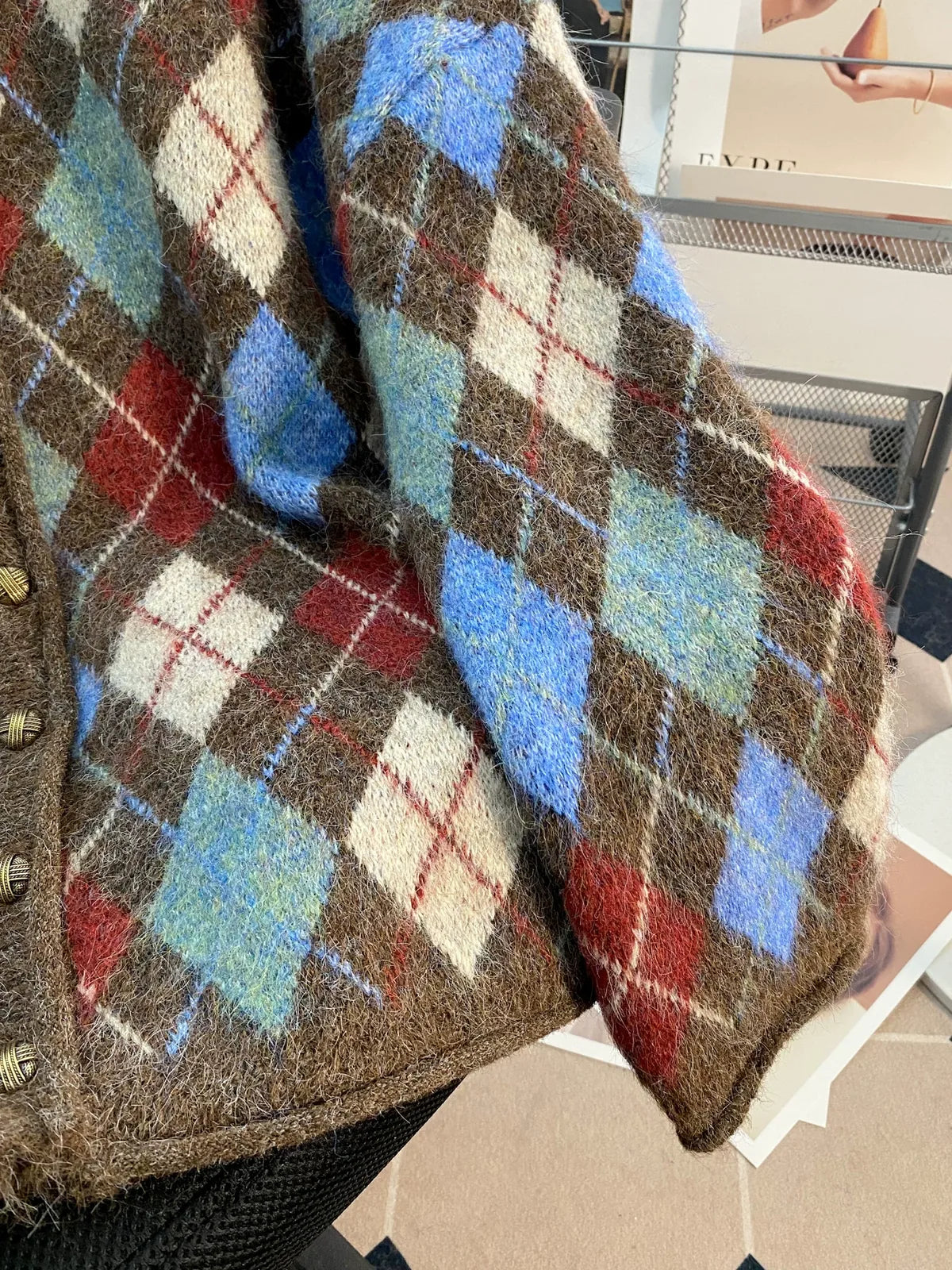 Retro Argyle Textured Knit Button Front Cardigan