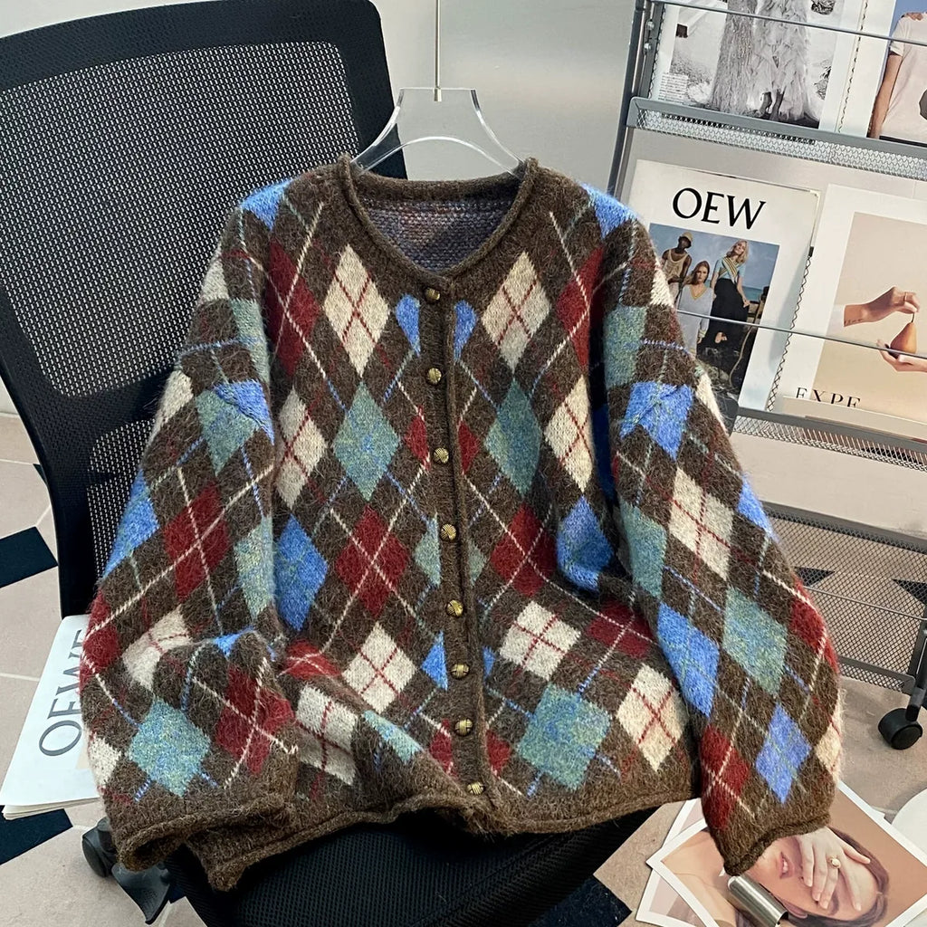 Retro Argyle Textured Knit Button Front Cardigan