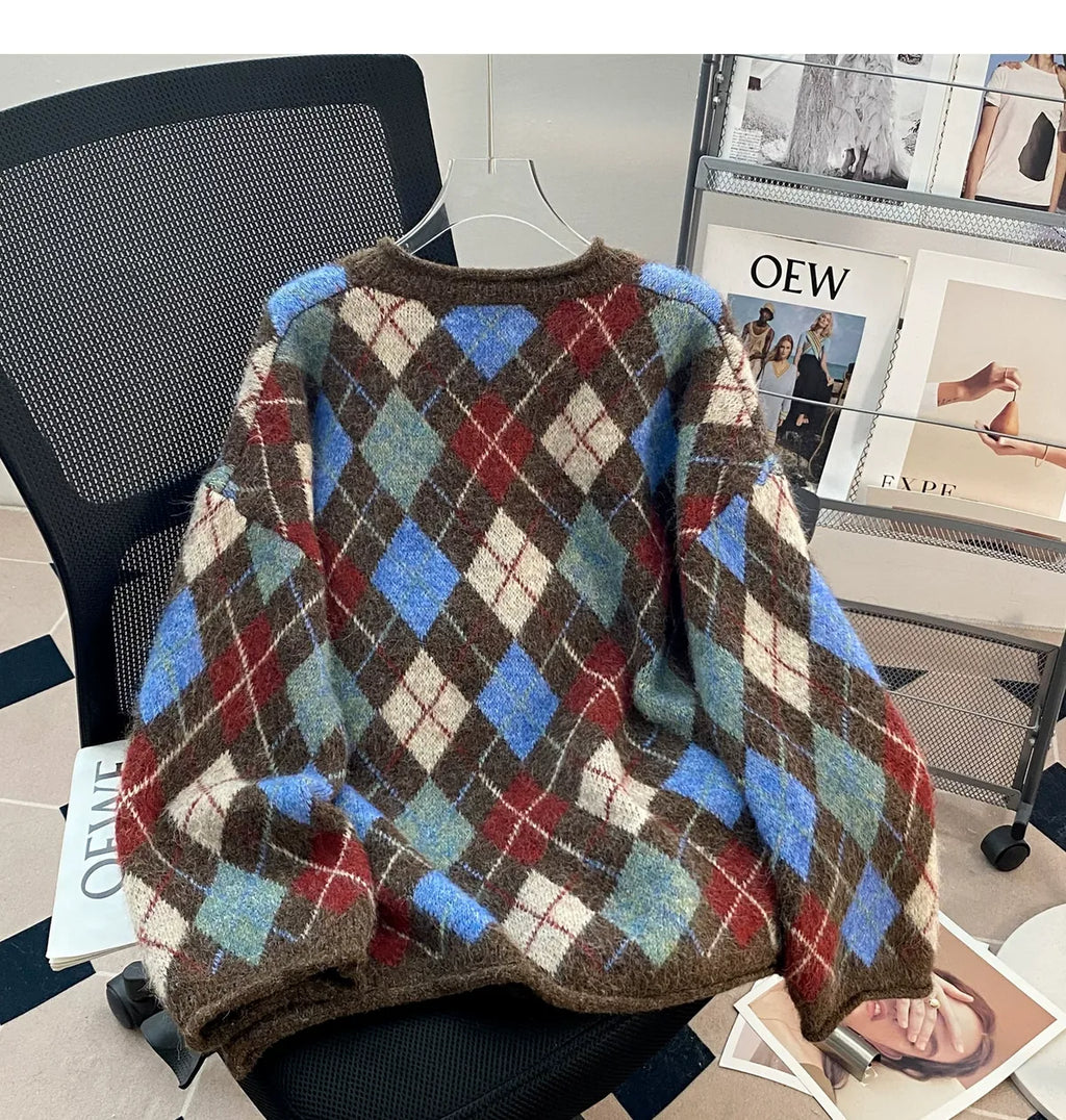 Retro Argyle Textured Knit Button Front Cardigan