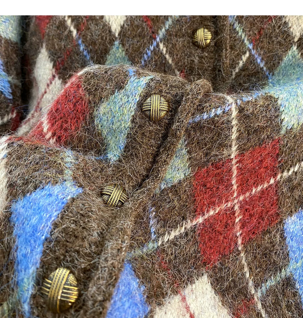 Retro Argyle Textured Knit Button Front Cardigan