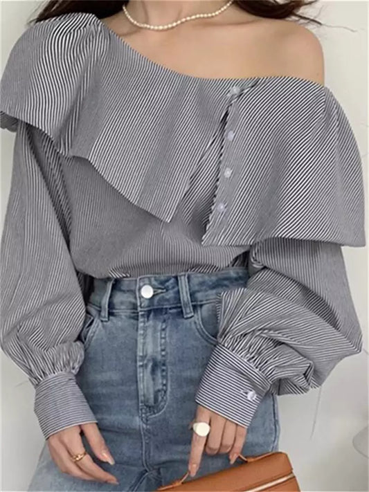 Retro Asymmetrical Ruffle One-Shoulder Loose Striped Long-Sleeve Shirt