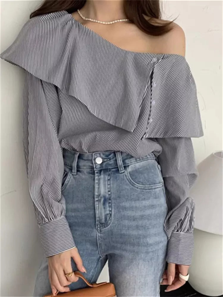 Retro Asymmetrical Ruffle One-Shoulder Loose Striped Long-Sleeve Shirt