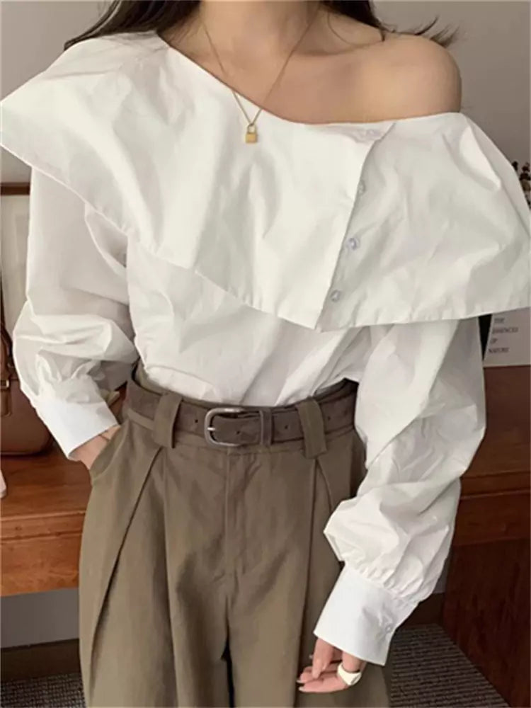 Retro Asymmetrical Ruffle One-Shoulder Loose Striped Long-Sleeve Shirt