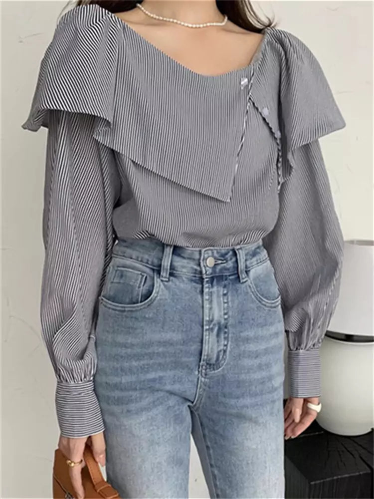 Retro Asymmetrical Ruffle One-Shoulder Loose Striped Long-Sleeve Shirt