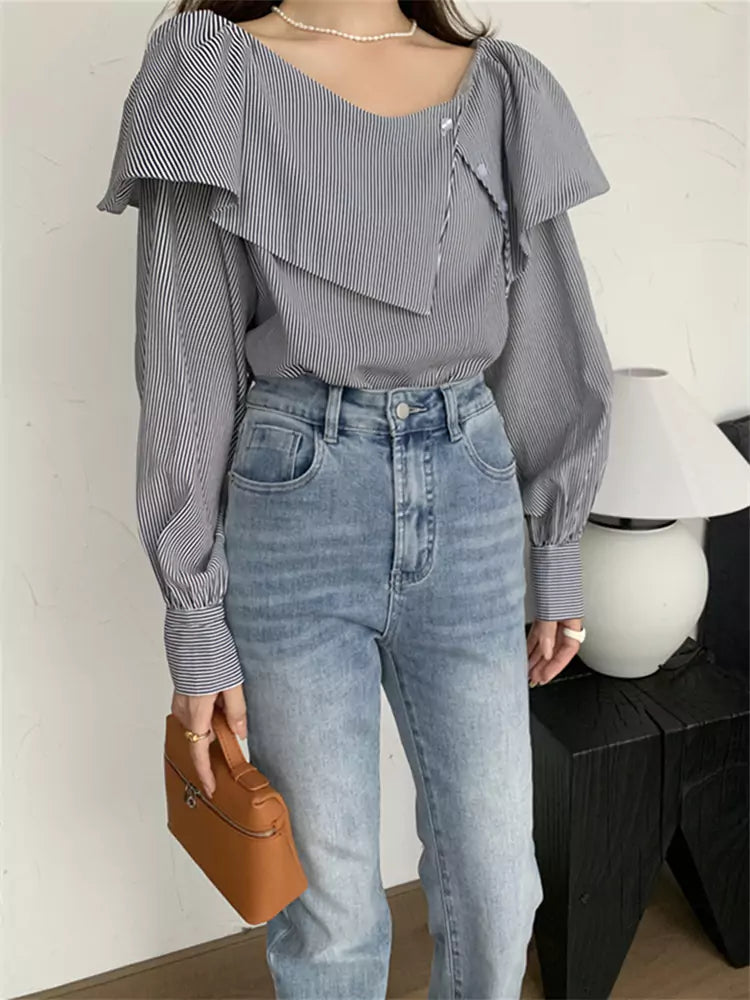 Retro-Hemd mit asymmetrischem Rüschensaum, One-Shoulder-Schnitt, lockerem Streifenmuster und langen Ärmeln