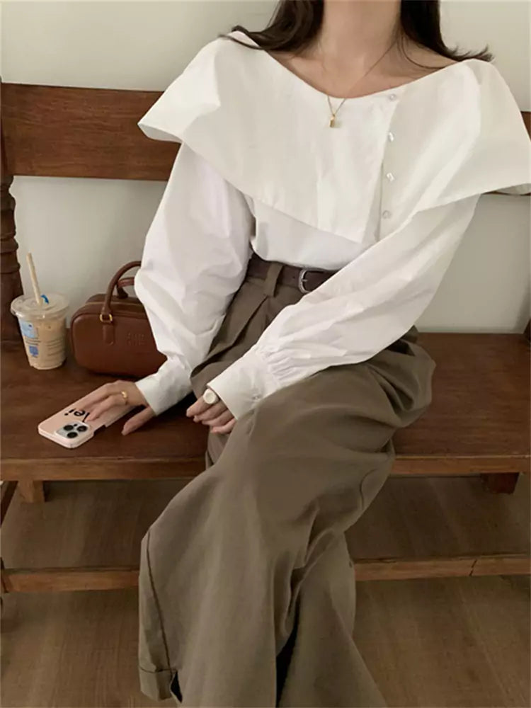 Retro-Hemd mit asymmetrischem Rüschensaum, One-Shoulder-Schnitt, lockerem Streifenmuster und langen Ärmeln