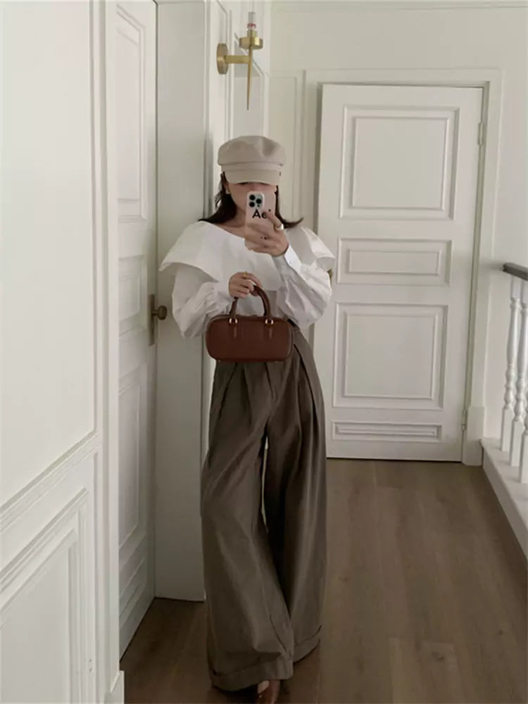 Retro-Hemd mit asymmetrischem Rüschensaum, One-Shoulder-Schnitt, lockerem Streifenmuster und langen Ärmeln